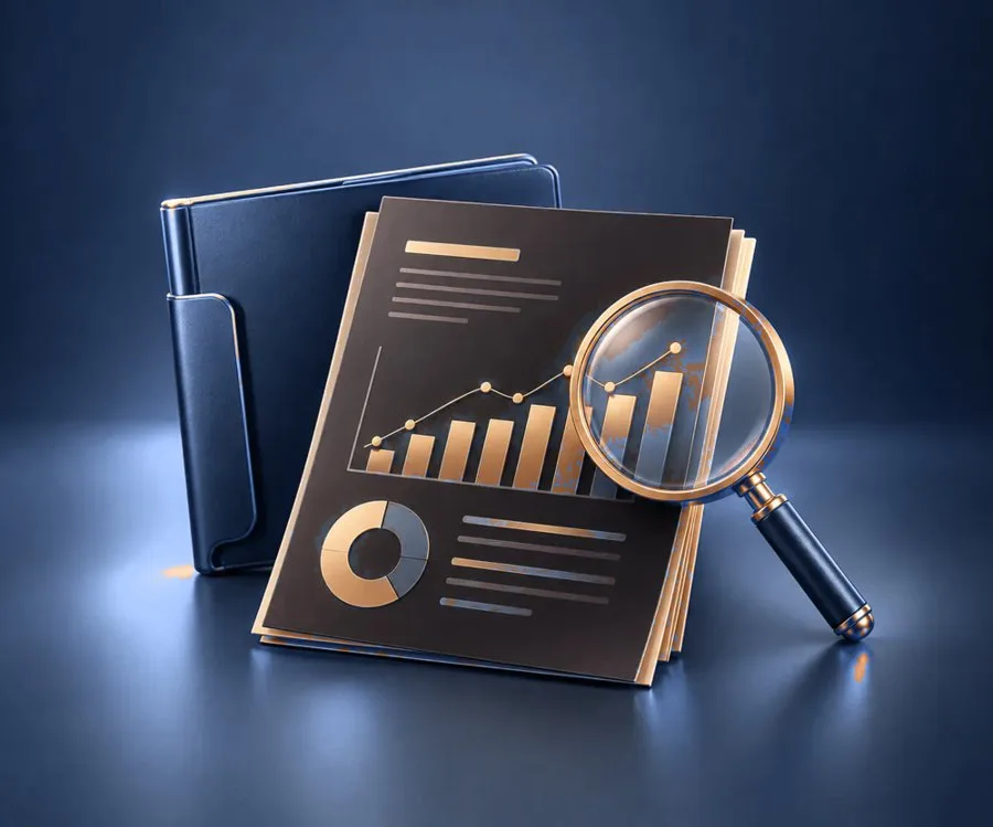 Illustration of a commercial intelligence briefing on a desk